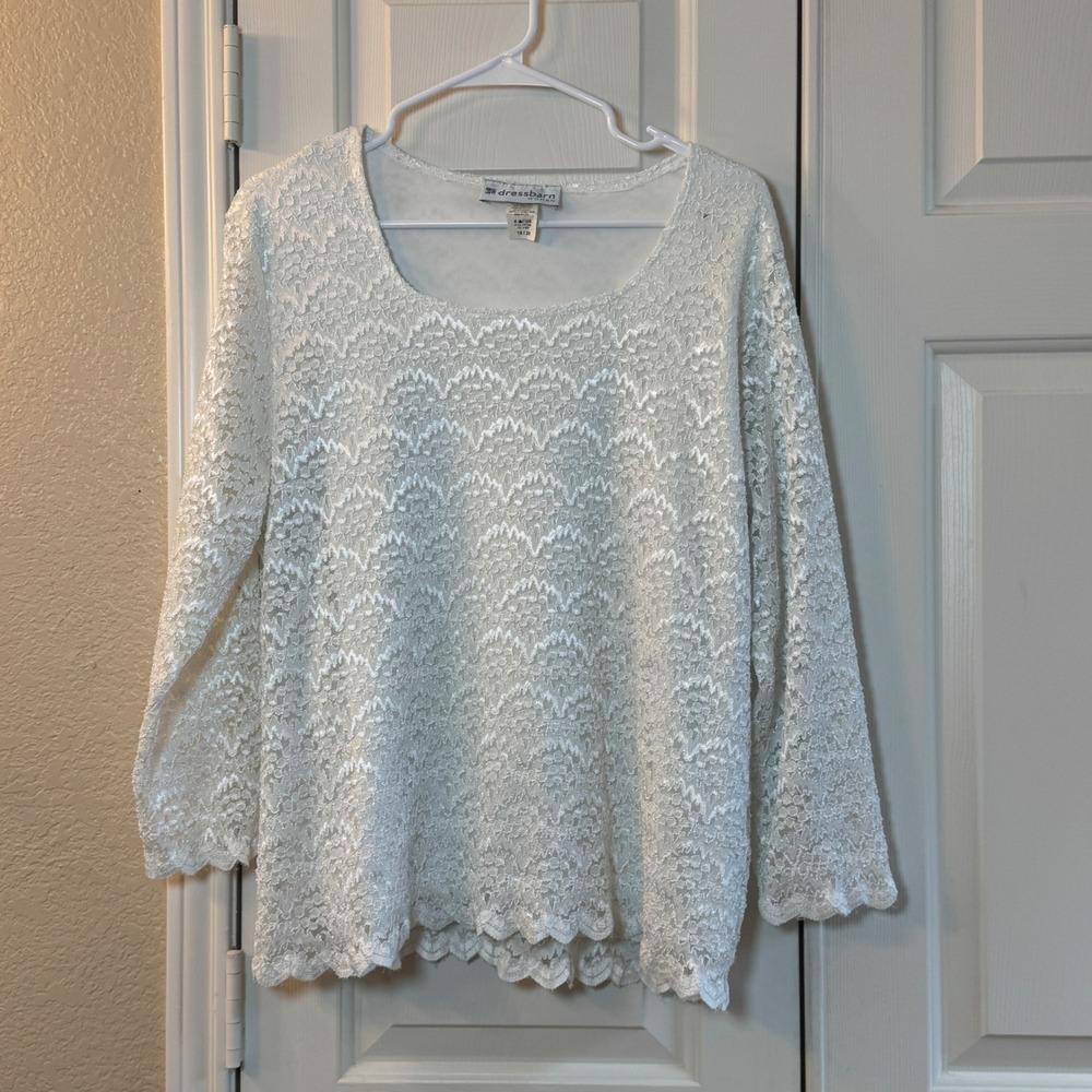 Dressbarn Women Top Plus Size 18/20 Pullover White Lace 3/4‎ Sleeves Lined USA